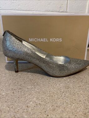 Michael Kors Silver Glitter Pointed Kitten Heel Pump